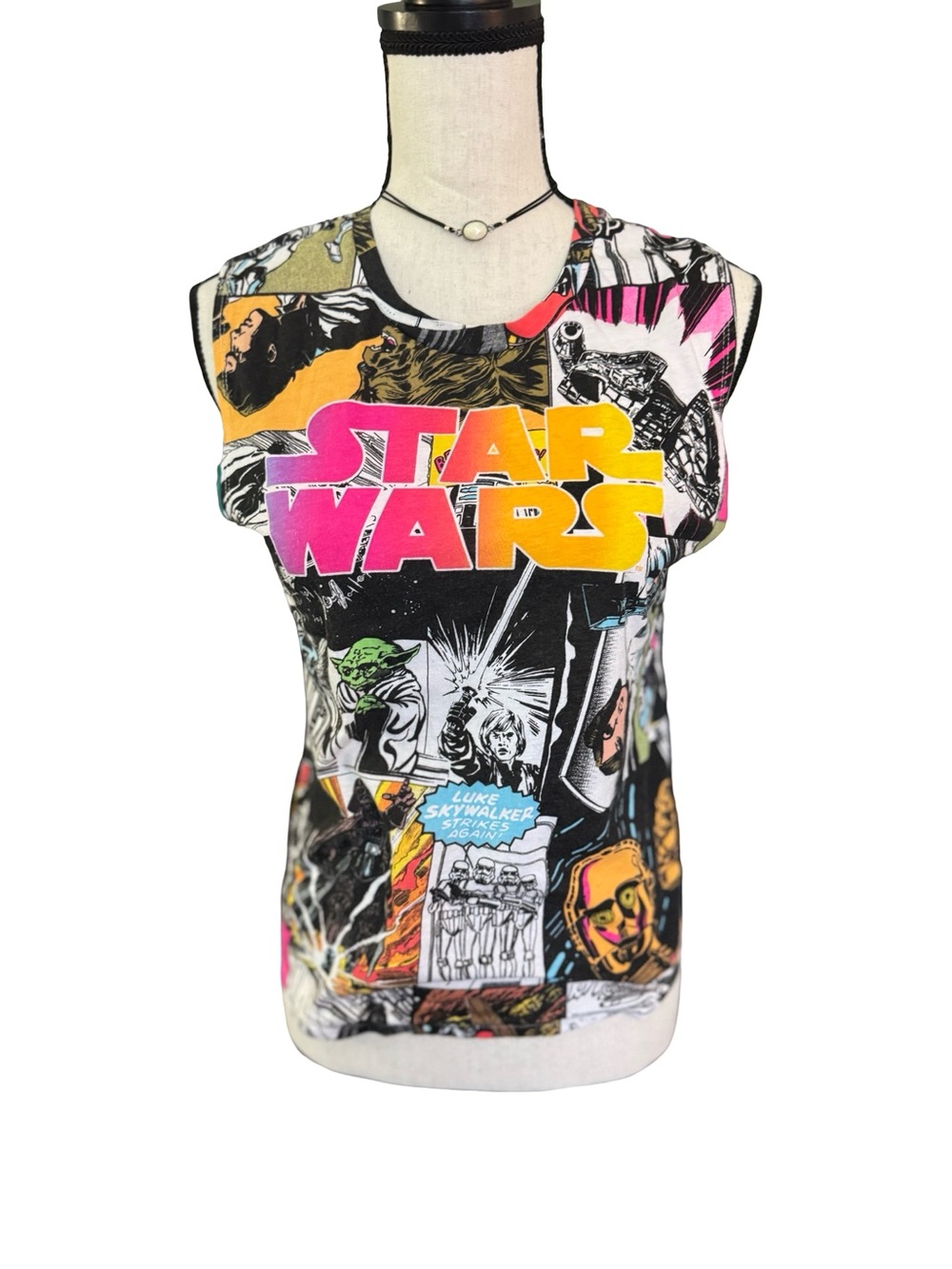 Star Wars Comic Book Graphic Tank Top Luke Yoda Darth Vader R2D2 Women's S